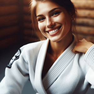 mulher feliz no jiu jitsu